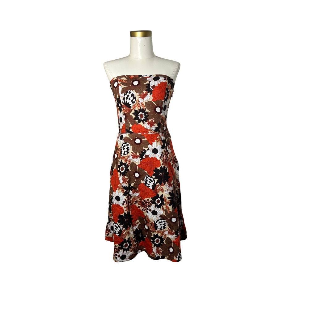 Ann Taylor LOFT Strapless‎ Floral Print A-Line Dress Size 4 Brown Orange